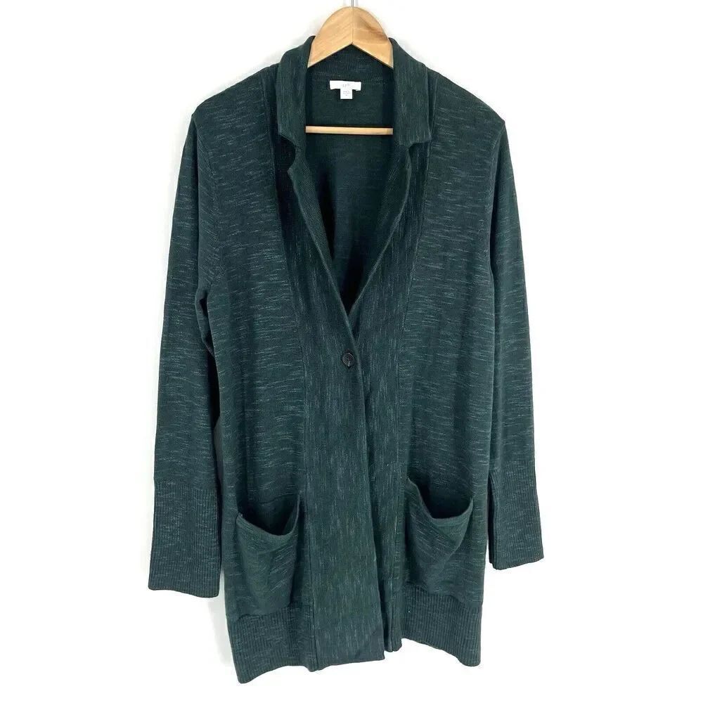 J Jill Sweater Size Medium Forest Green Blazer Knit Cotton Blend Pockets Casual